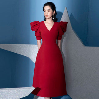 Slim Little Red Dress With V-neck Temperament Dress
