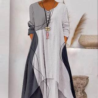 Printed Long Sleeve Women's Hem Irregular Long Dress